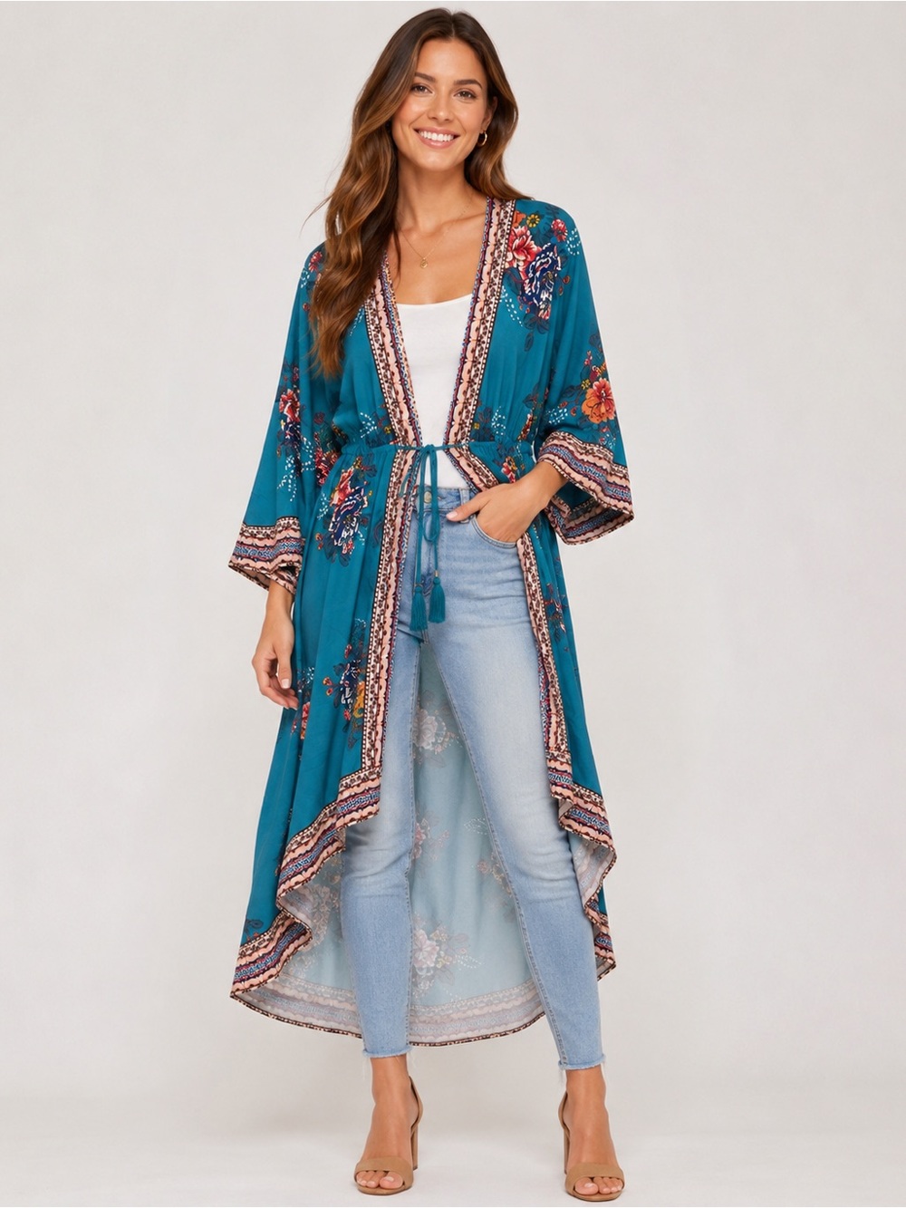 Flying Tomato L Teal Floral Boho Duster Kimono High Low Tie Waist - Picture 5 of 6